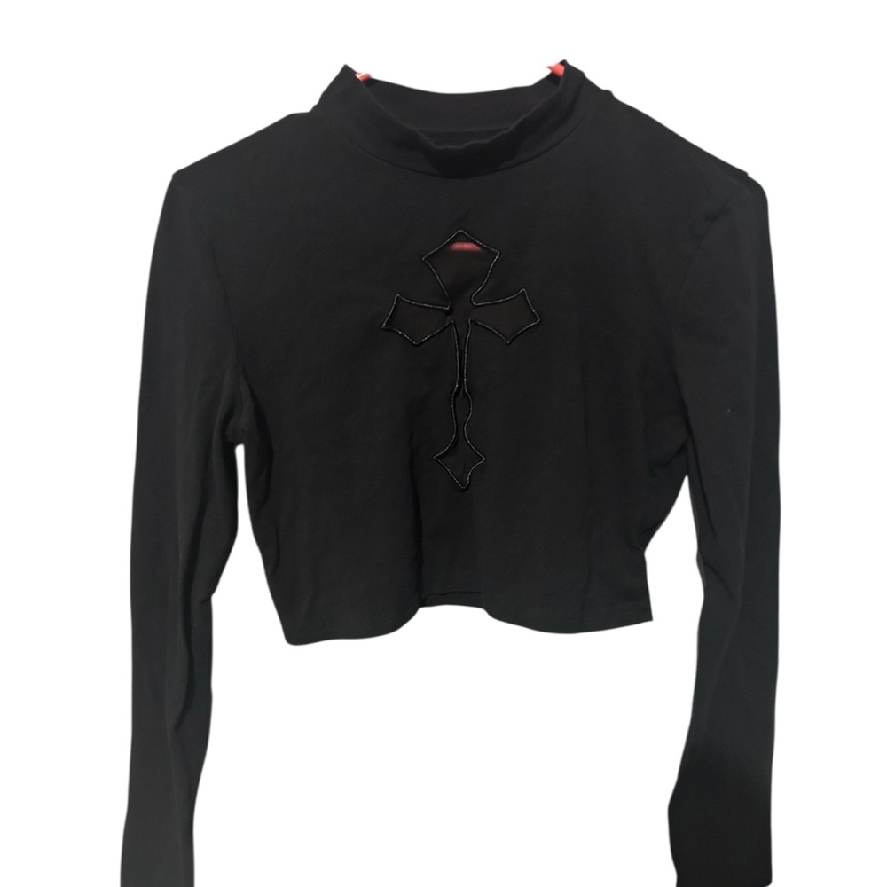 Black Long Sleeve Crop Top with Cross Design